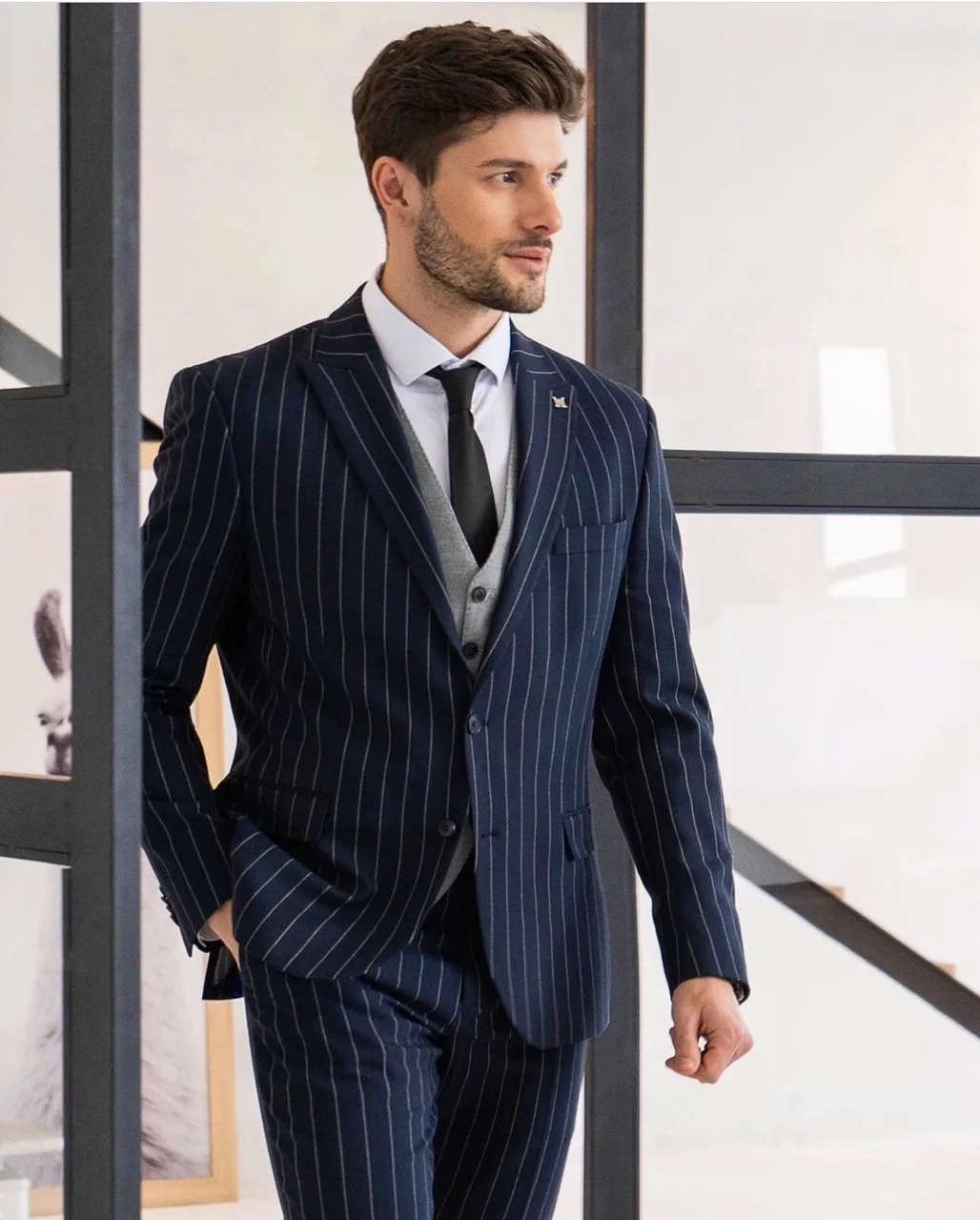 

New Navy Blue Stripe Men Suits 3 Pieces Grey Vest Costum Homme Groom Wedding Terno Masculino Slim Fit Blazer Jacket+Pant+Vest