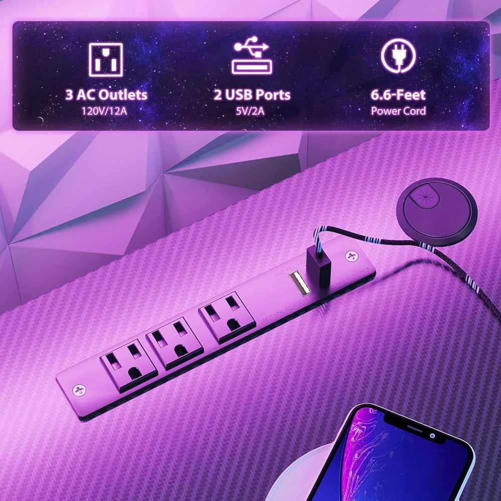 Small Gaming Desk W LED Lights & Power Outlets, Computer Desk Gaming Table W Monitor Shelf, Gamer Desk with Carbon Fiber Texture