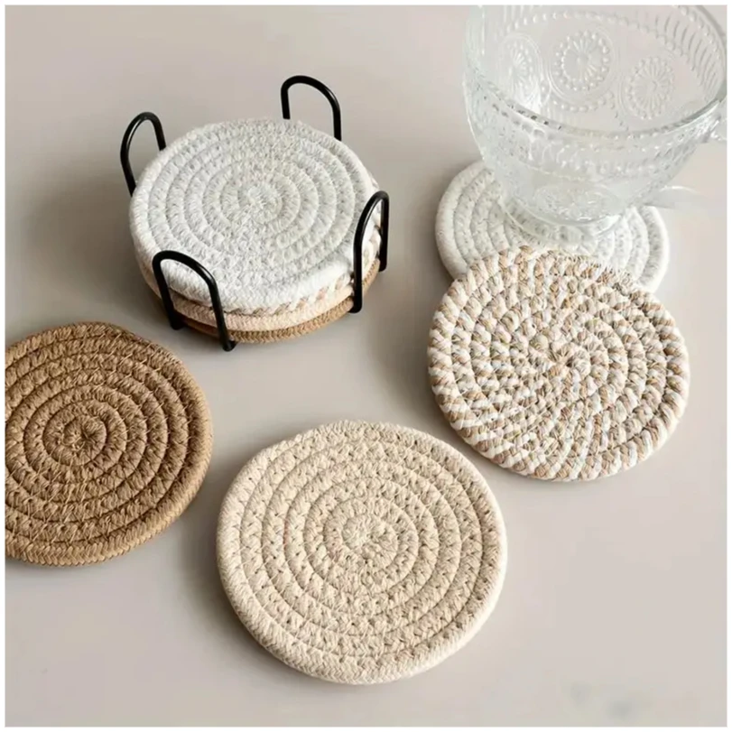 

8-Piece Set Absorbent Coasters for Drinks, Minimalist Cotton Woven Coasters Coffee Table Decor Boho Cute Cup Coasters