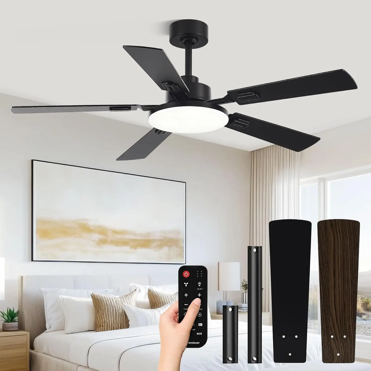 52 Inch Ceiling Fan with Lights and Remote, 6CCT Dimmable, 6 Speed Reversible Quiet DC Motor, Black/Wood Grain