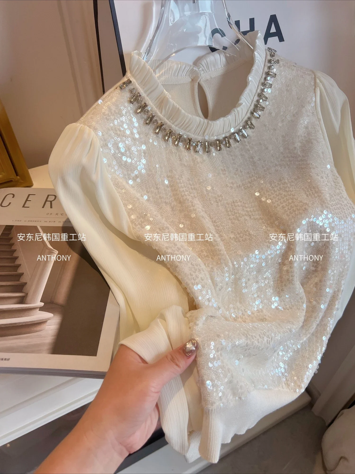 Heavy Industry Diamond Sequined Blouse Chiffon Long Sleeve Round Collar White Knitted Pullover for Women Versatile Shirt Tops