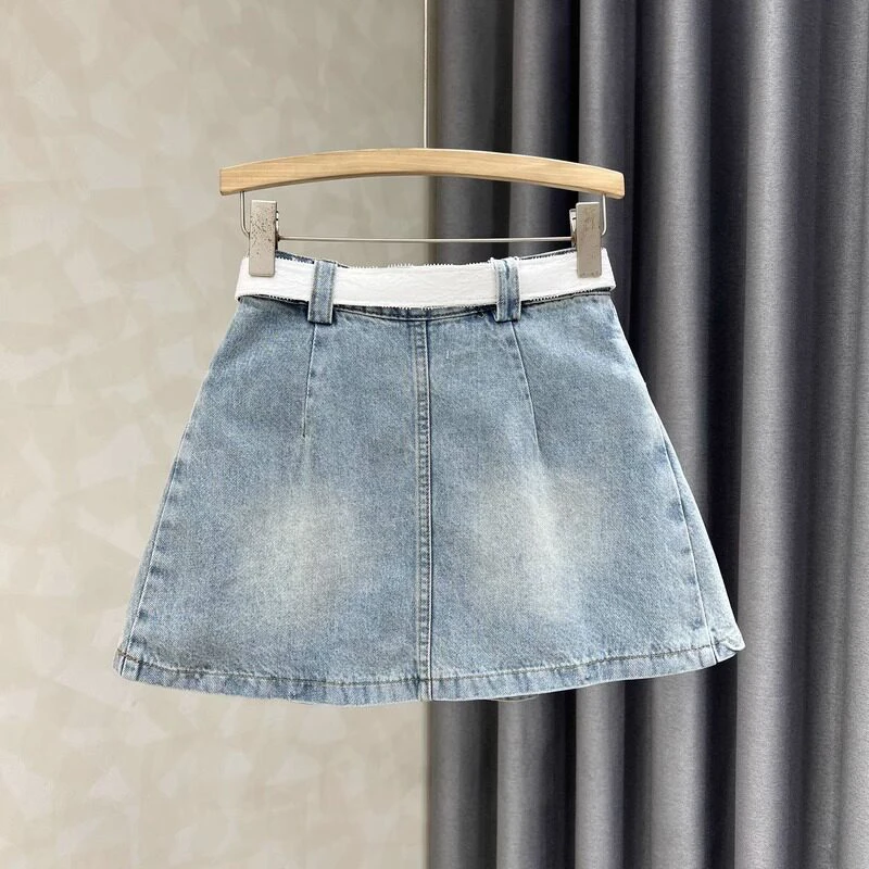 Light Blue Pleated Denim Mini Skirt For Women Summer High Waist A-Line Casual Shirts Streetwear Spice Girls Short Jean Skirts