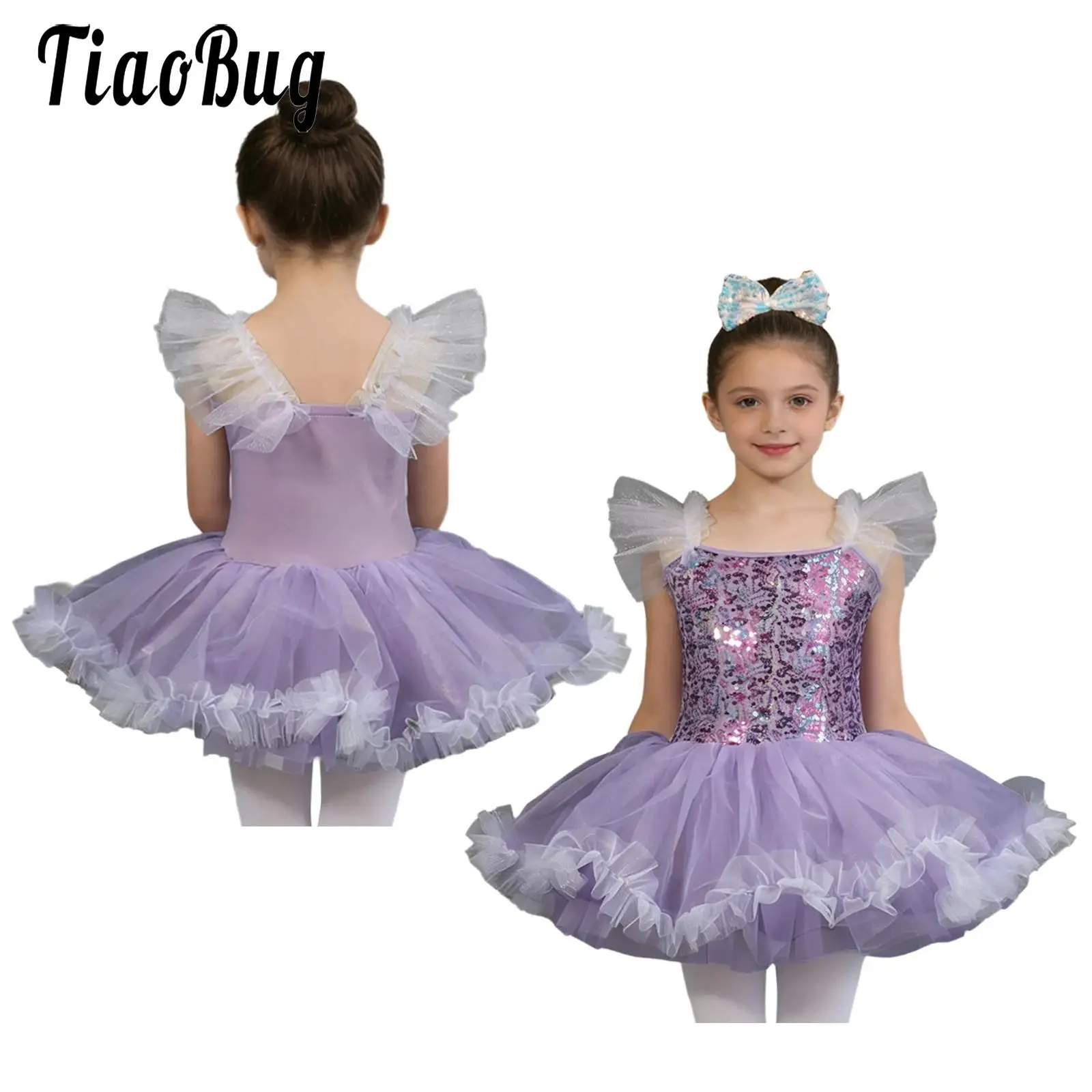 

Kids Girls Bodice Tulle Leotard Ballet Dance Performance Costume Ruffled Sleeve Sequin Tutu Dress with Bow Headwear Ballet Dress