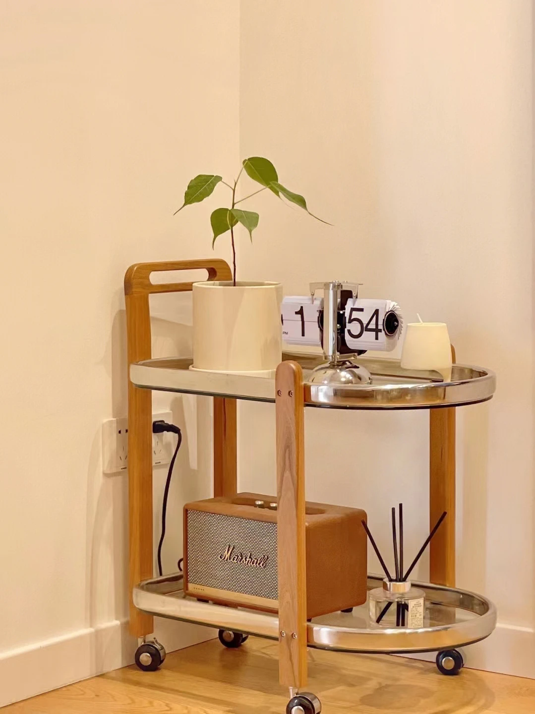 #Nordic Solid Wood Trolley Glass Japanese Shelf Cherry Wood Medieval Movable Sofa Coffee Table
