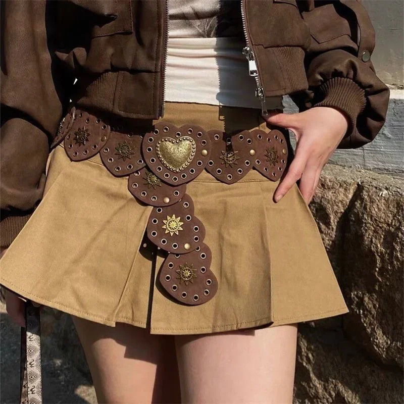 

Vintage Large Round Buckle Waist Belt Girdle for Women Western Cowboy Wide Golden Rivet Steampunk Circles PU Leather Waistband