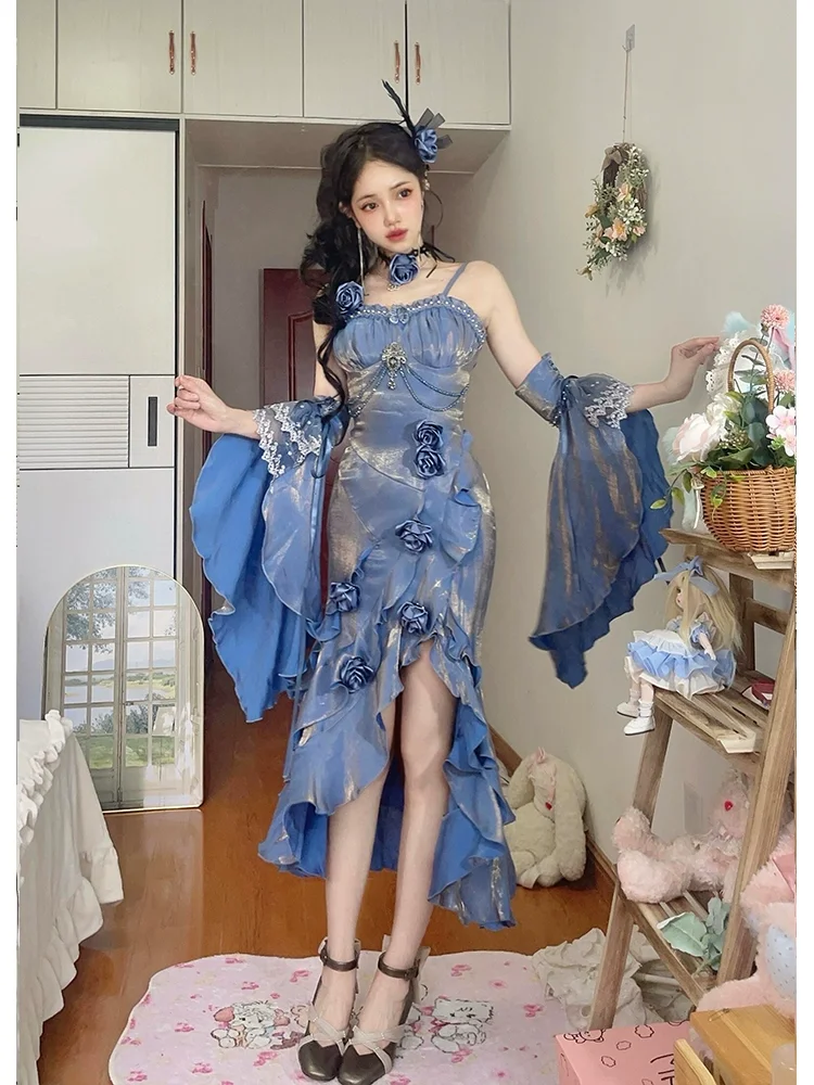 Lolita Fishtail Dress Women's High Waist Slim Fit Elegant Irregular Long  Dress Lady Gothic Dress with Sleeve Spring and Summer - AliExpress 200000345