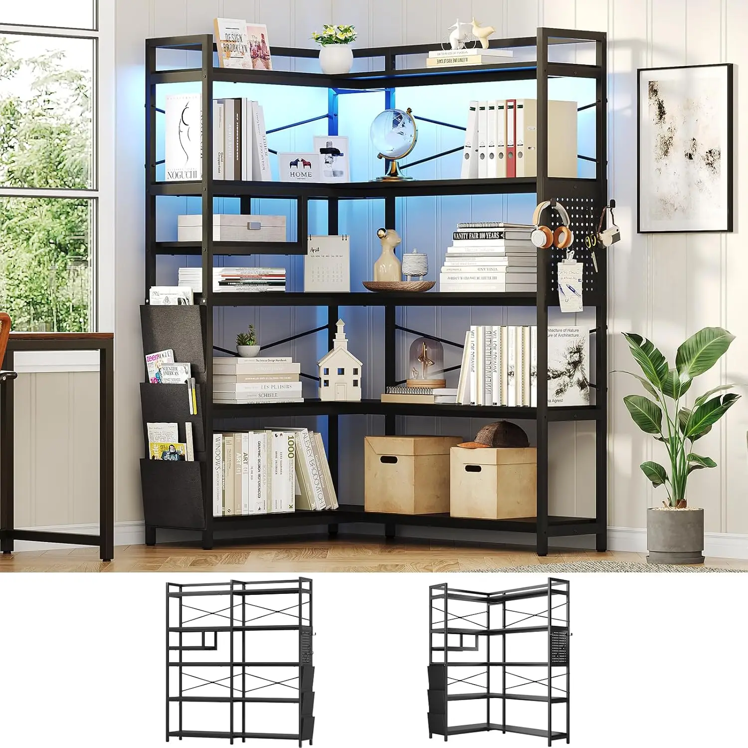 Corner Bookshelf, Convertible 5-Tier Bookshelves with Storage or 63