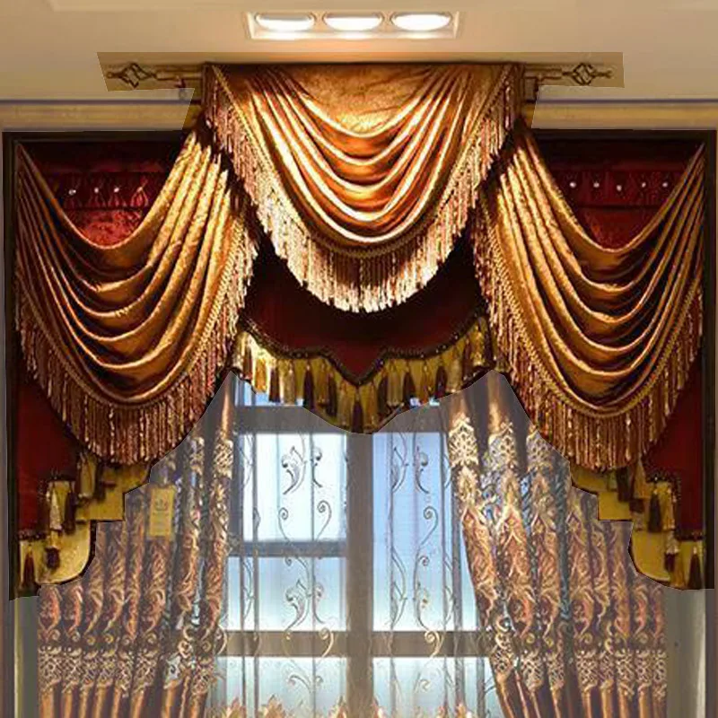 Living room Valance Only Coffee Golden Flashing Embroidery Velvet Wavy Door Rod luxury curtain window shade loop scarf Canopy
