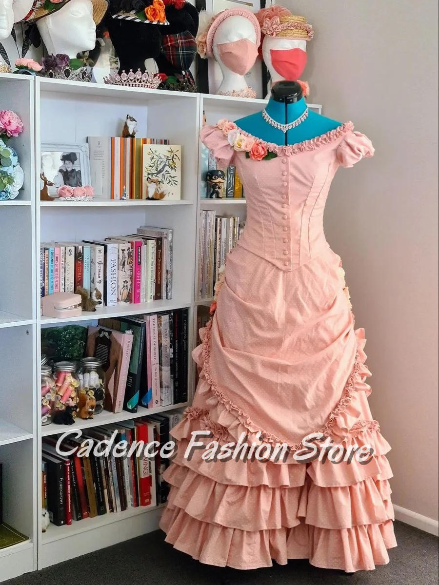 Pink Elegant and Luxurious Medieval Victorian Ball Gown with Round Neck Short Sleeves Single-Breasted and Layered Ruffles Custom