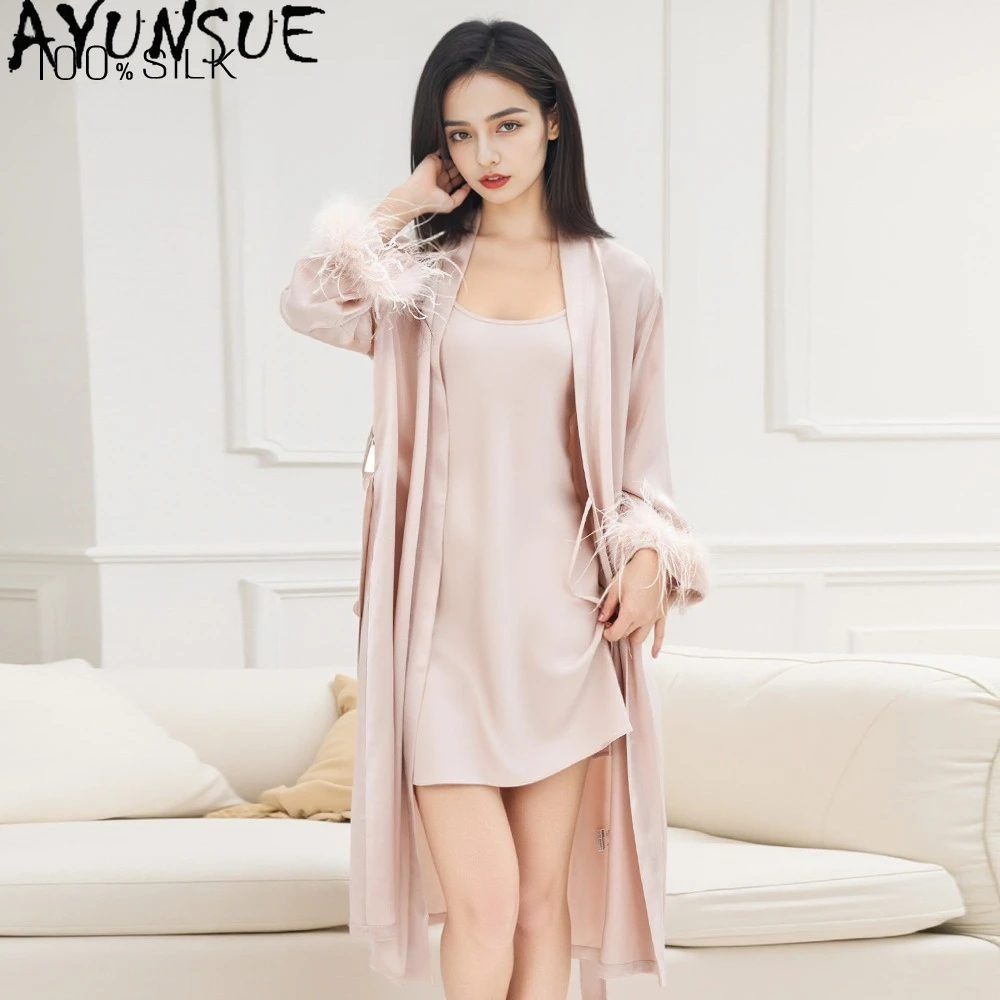 AYUNSUE 100% Real Mulberry Silk Robe Women Nightgown Lace-up Spring Morning Robes 19MM Silk Women's Home Clothes Down Splicing