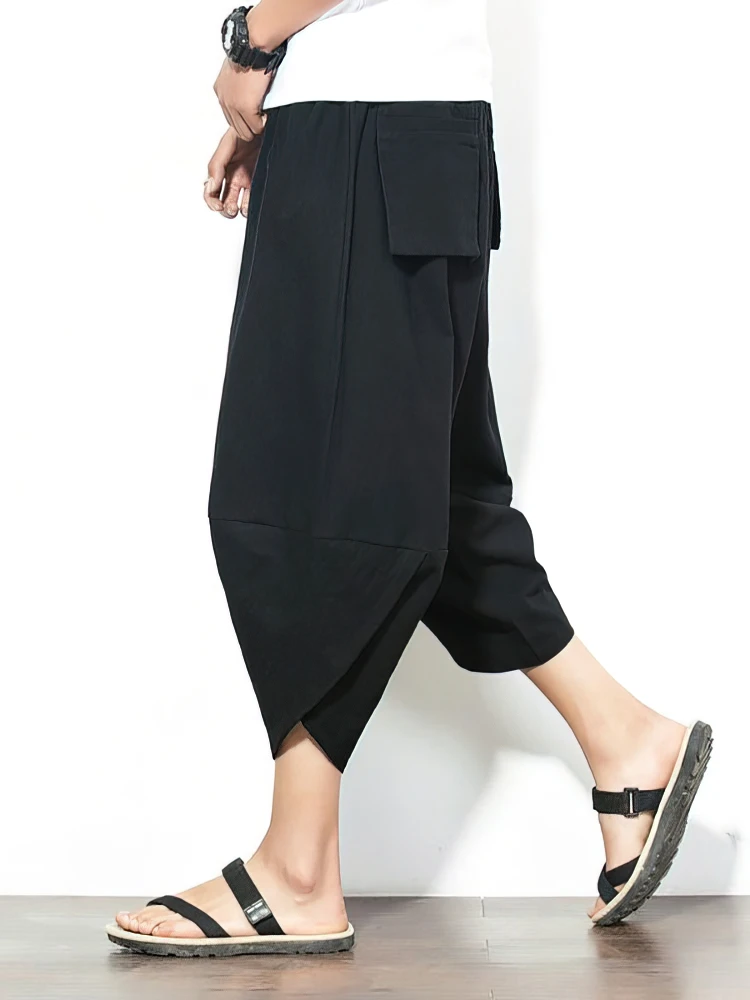 Beach Summer Cotton Linen Cargo Shorts Men Baggy Wide leg Casual Capris Pants Male Sport Running Shorts 2025 Harem Trousers