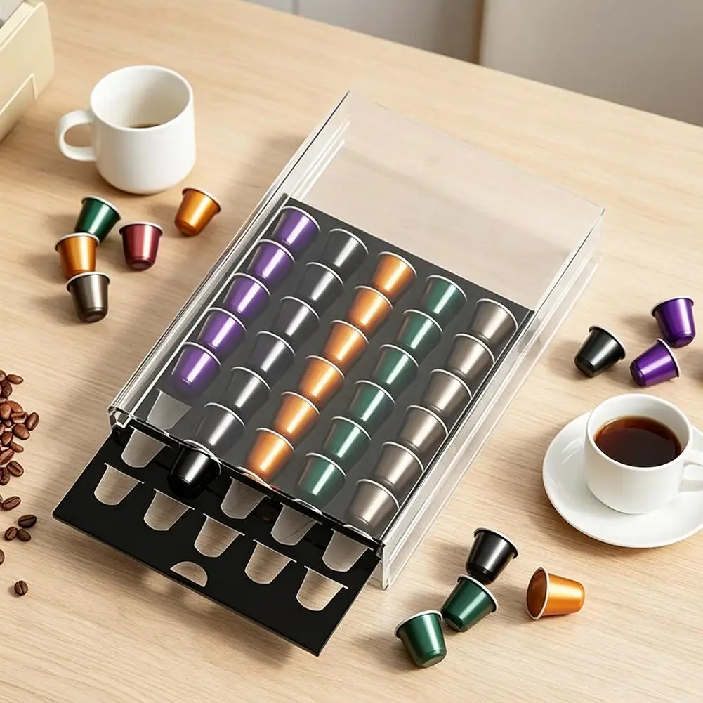 Clear Acrylic Coffee Pod Holder with 40 Compartments - Space Saving Design for Compatible Capsules - 13 x 9.3 inch