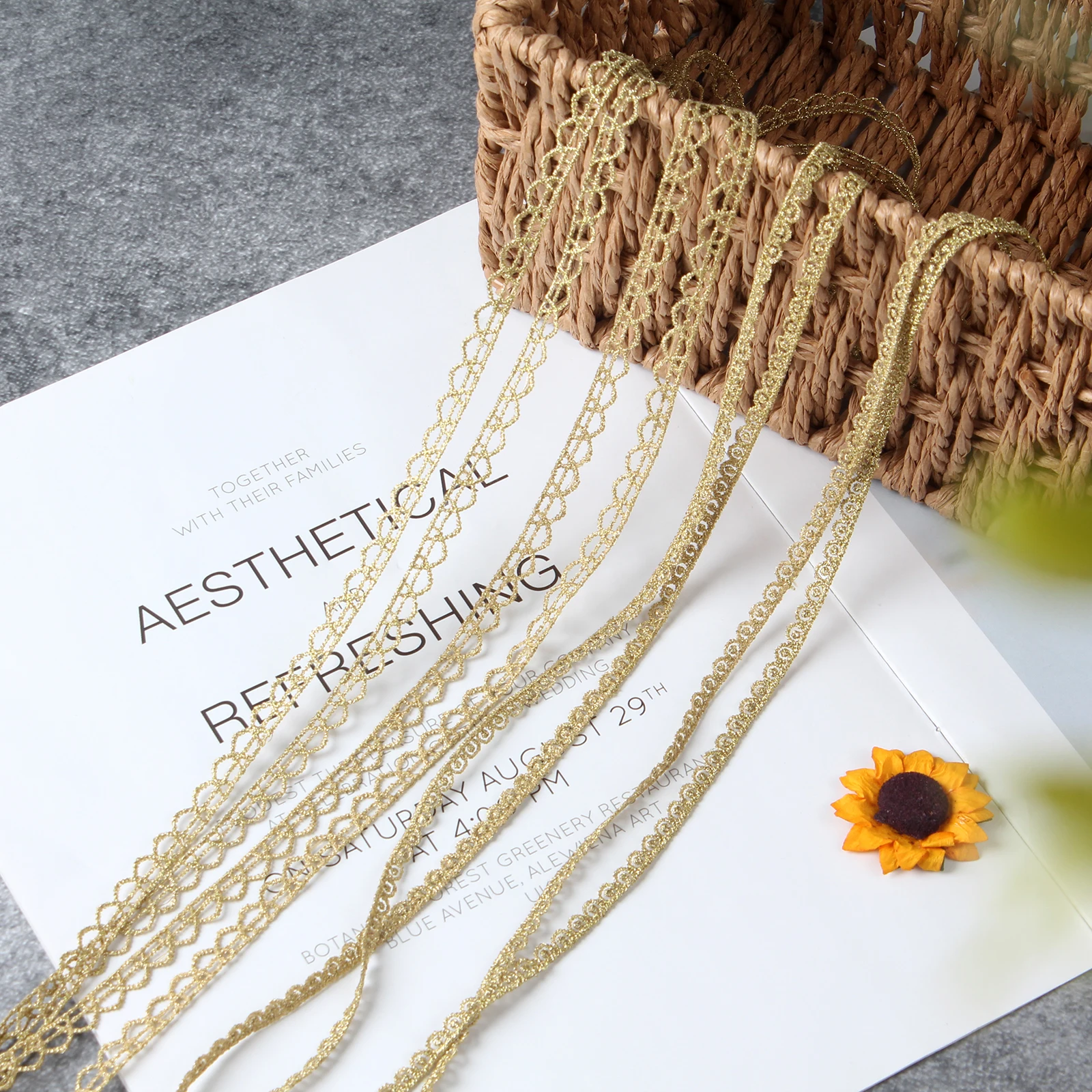 2 Design Gold Lace Trim Gold Gimp Trim Gold Metallic Trim for Sewing, Cake, Headband, Bracelet, Bag,Cake Fringe, Wedding Dress