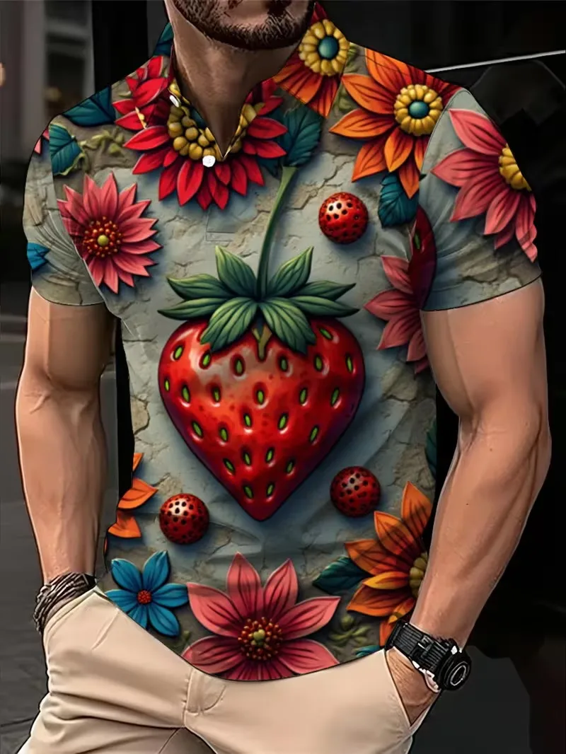 Men's 3D Strawberry & Floral Print Polo Shirt Summer Short Sleeve Lapel Neck Polo Shirts Casual Tee Shirt Tops For Holiday