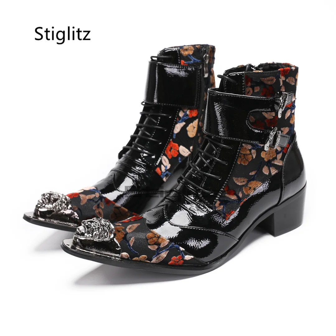 

Black Flowers Embroidery Patent Leather Men's Boots Lace Up Metal Pointed Toe Ankle Boots Metal Buckle High Heeled Male Shoe