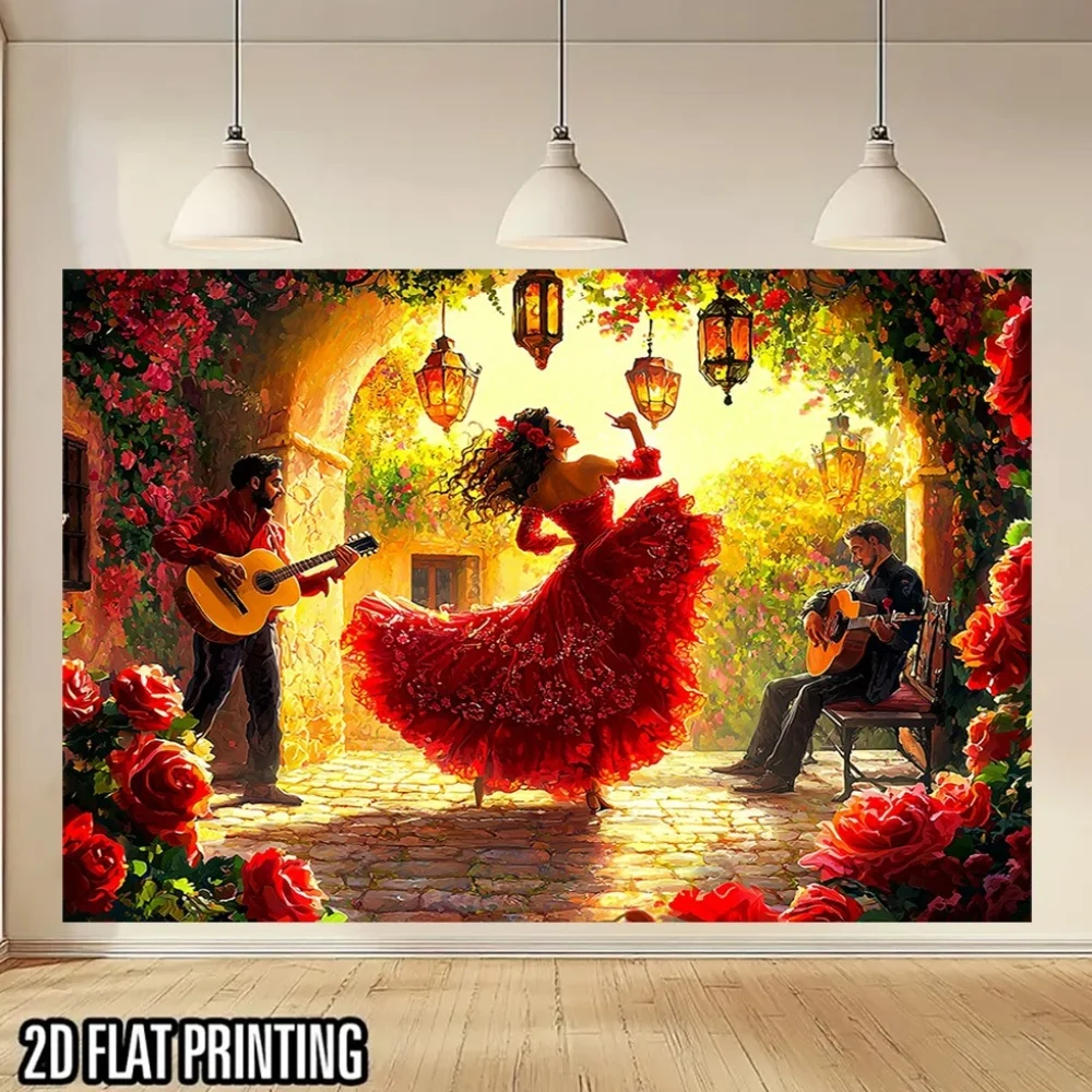 Banner de pared plano 2D, 1 unidad, bailarina de flamenco y guitarrista, escena de jardín, decoración de poliéster impresa UV vibrante para uso interior/exterior, P