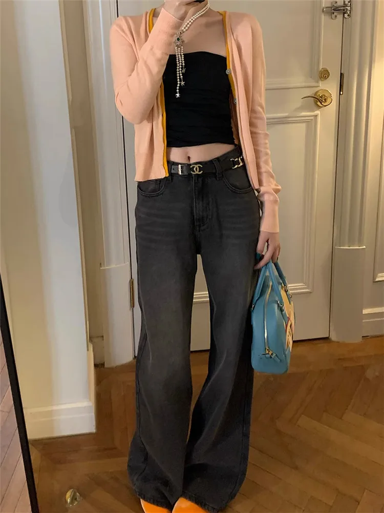 

Retro American Grey Black Wide Leg Jeans Women's Spring Autumn High Waist Slim Lengthened Floor-Length Pants