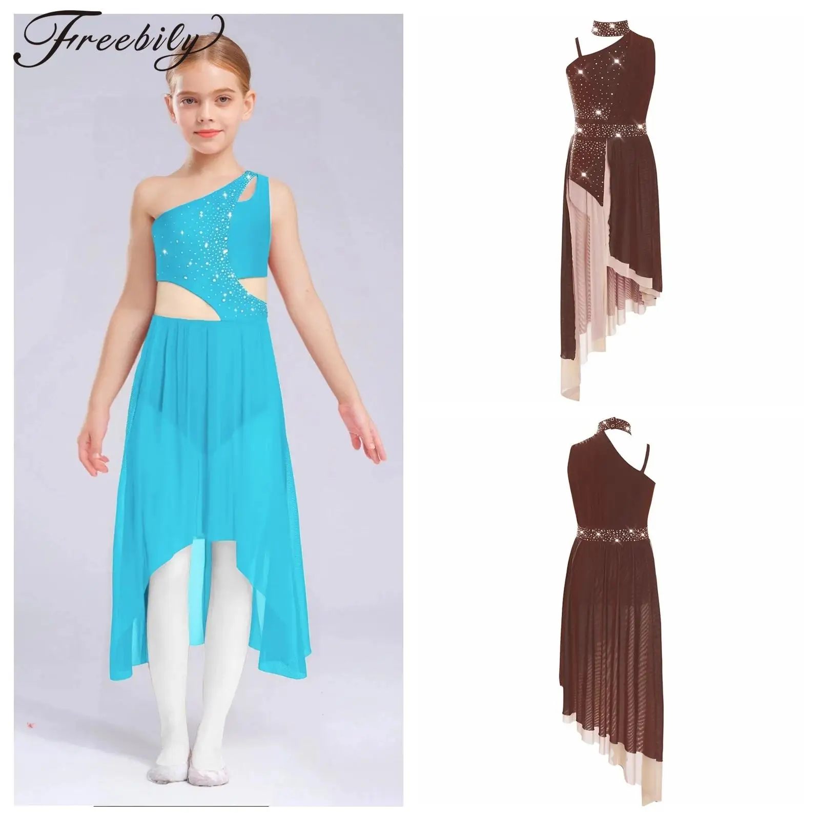 여자 스케이트 드레스 민소매 하이 로우 흐르는 메쉬 볼룸 발레 드레스 키즈 서정적 댄스 의상 반짝 이는 라인 석 댄스웨어