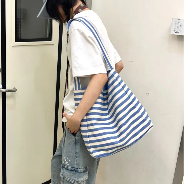 

YIFAN Stripe Canvas Women Shoulder Bag Reversible Design Ladies Eco Cotton Cloth Versatile Purse Female Shopping Bags