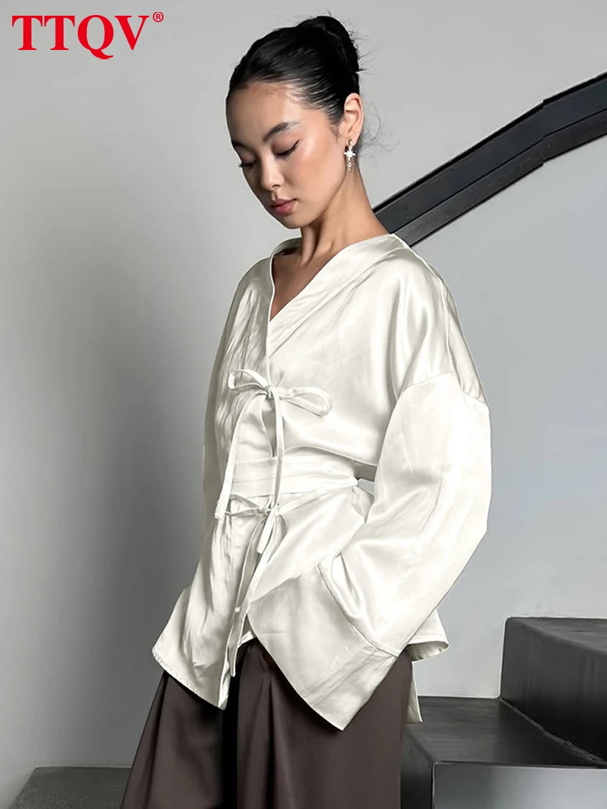 TTQV Spring Loose Beige Women's Shirt 2026 Fashion V-Neck Long Sleeve Shirts Elegant Classic Lace-Up Solid Top Female Clothing