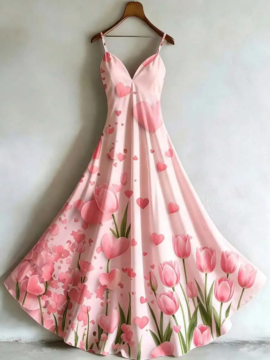

Pink Tulip And Heart Print Womens Slip Dress Polyester Lightweight Breathable Maxi Dress