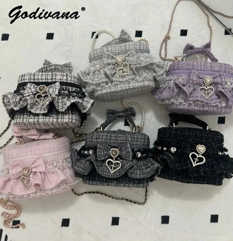 Japanese Style Sweet Girls Women's Handheld Small Bucket Bag Cute Bowknot Rhinestone Lace Tweed Shoulder Crossbody Bags Totes