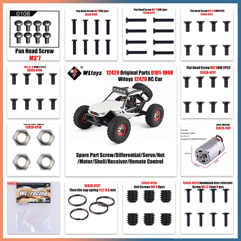 12429 Originele onderdelen 0101-1098 Wltoys 12428 RC auto reserveonderdeel schroef/differentieel/servo/moer/motor/shell/ontvanger/afstandsbediening