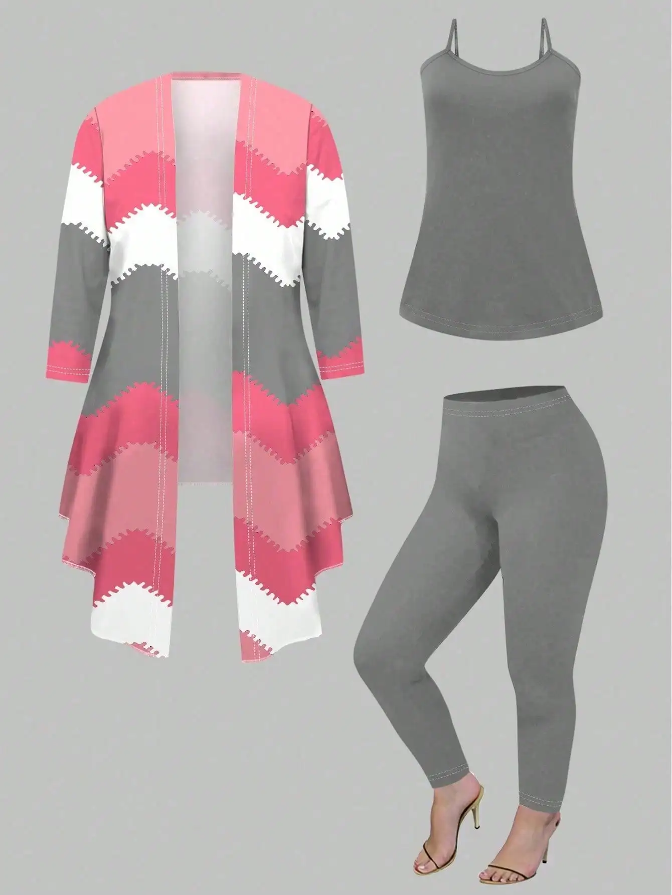 

3 шт., винтажный повседневный комплект с волнистым принтом больших размеров, осенняя ткань для женщин