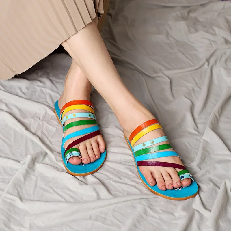 Bohemian Vintage Style Slippers Summer Women GENUINE Leather Flip Flops Shoes Woman Clip Toes Slides Slippers Beach Shoes 2023