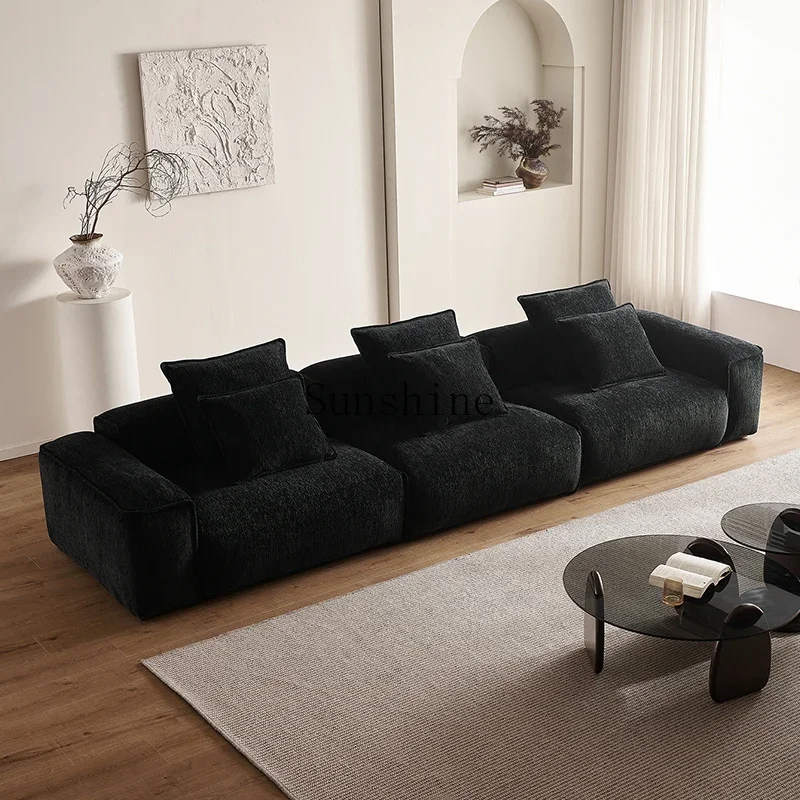 

French retro chenille living room small apartment straight row tofu block sofa fabric black