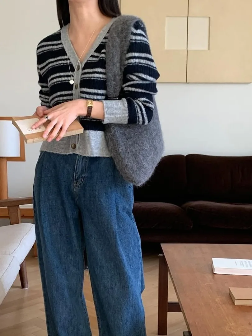 Coreano Sle V-Ne Slim Fit Listrado Malha Cardigan Aberto Feminino Versátil Quente Botão Único Longo Sve Sweat...