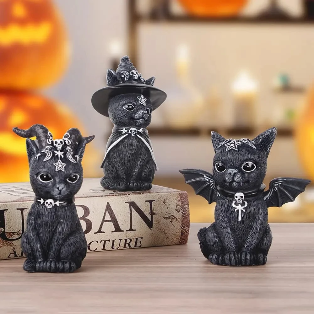3pc Magic Wings Hat Cat Resin Ornaments Easter Day of The Dead Home Garden Festival Desk Decoration Crafts Statue for Halloween