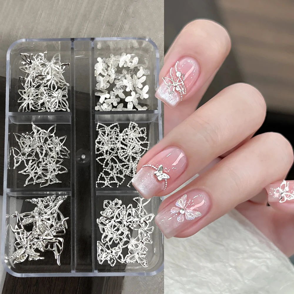 6Grids Silver Hollow Butterfly Nail Art Charms 3D Gold Silver Mixed Metallic Butterflies Slice Nail Rivet DIY Alloy Nail Decorat