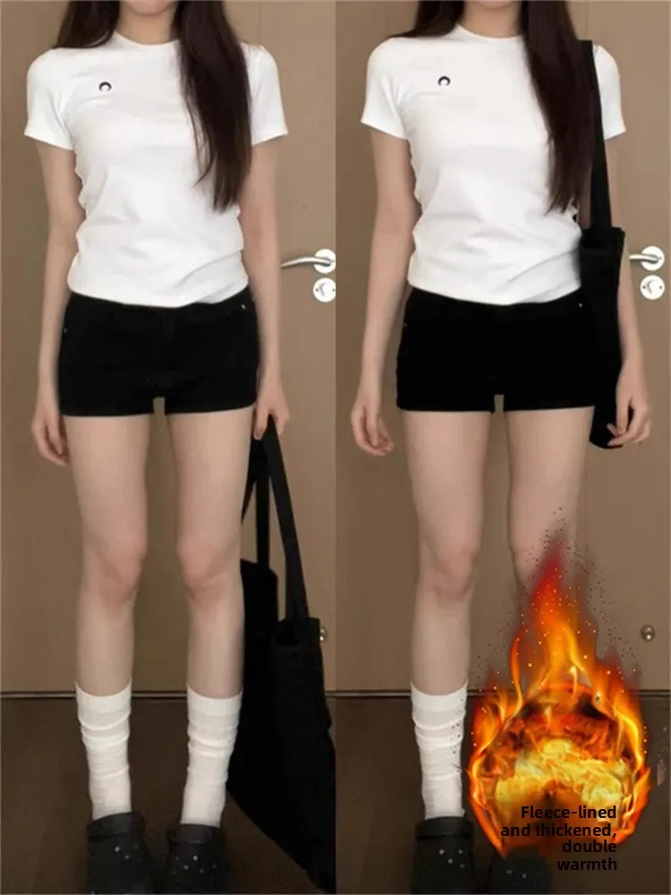 

High Waist Fce Lined Denim orts Women's Spring Hot A-Line Boot Cut Jeans Casual Sle Vintage Waed Comfortable Breathable