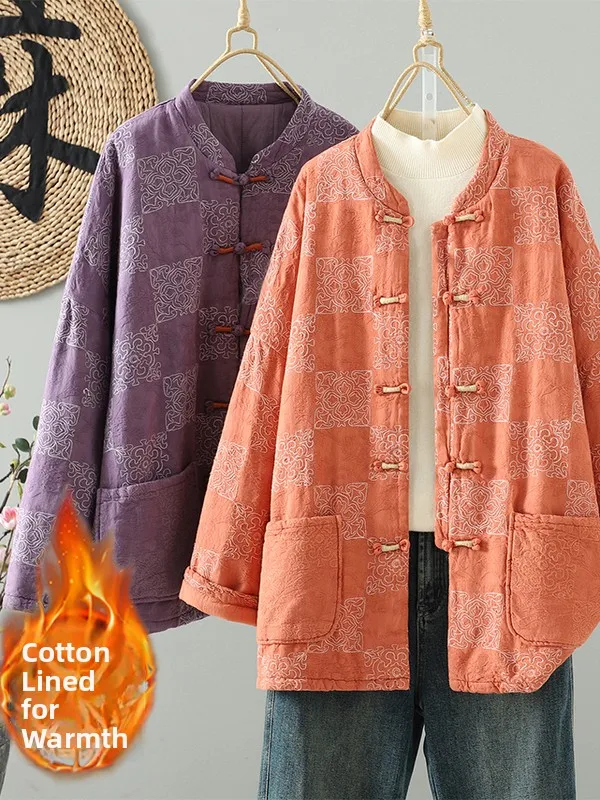 

Женское зимнее модное льняное пальто в стиле ретро в китайском стиле с воротником-стойкой и вышивкой в стиле пэчворк, длинное пальто