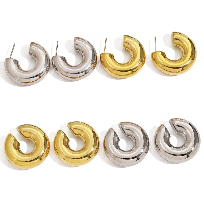 Fashion Thick Round C Shape Chunky Hoop Earrings Women Glossy Circle Gold Silver Color Steel Needle Stud Huggie Earrings Jewelry