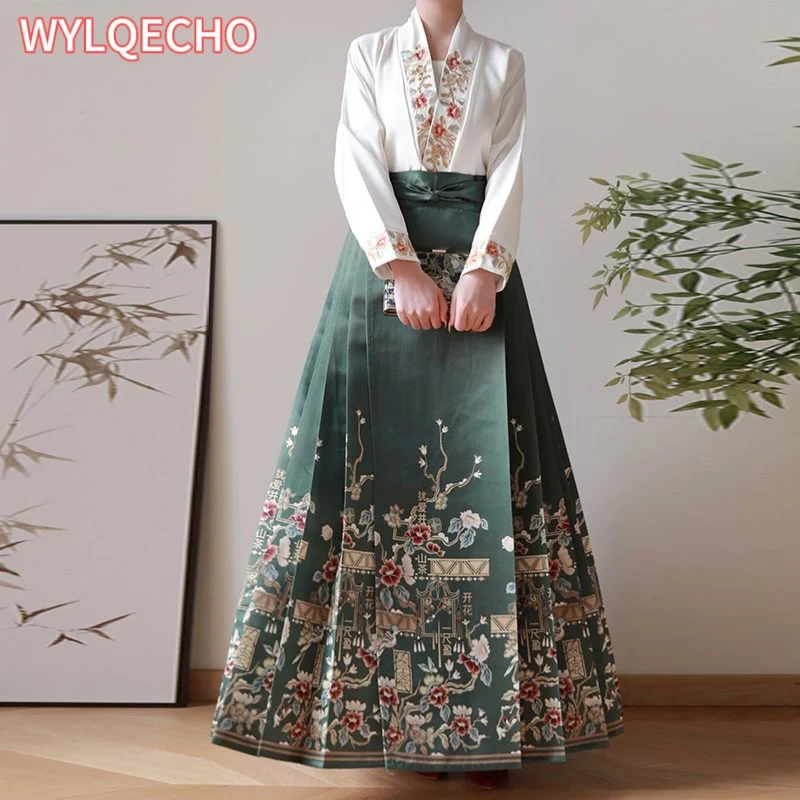 Traditional Chinese Hanfu Women\'s Embroidered Shirt Horse Face Skirt Improved Ming Dynasty Long Suit Commuter Vest Skirt Set