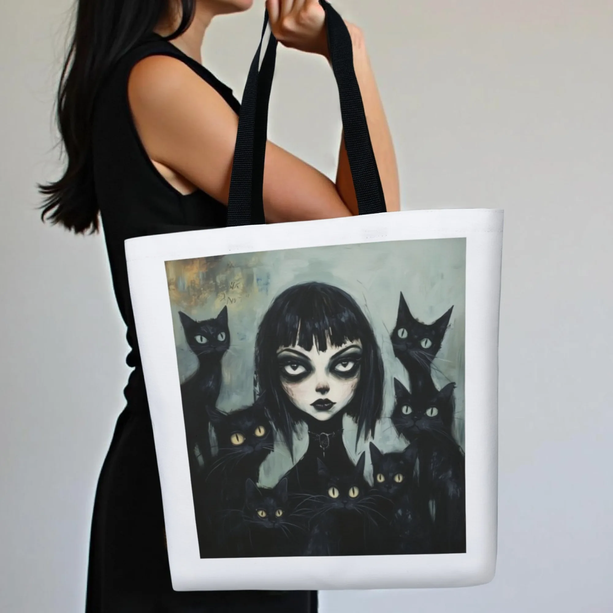 Urban Edgy Gothic Canvas Tote Bag Dark Cat & Girl Art Print Shoulder Bag Women's Stylish Perfect for Dark Aesthetic Fans