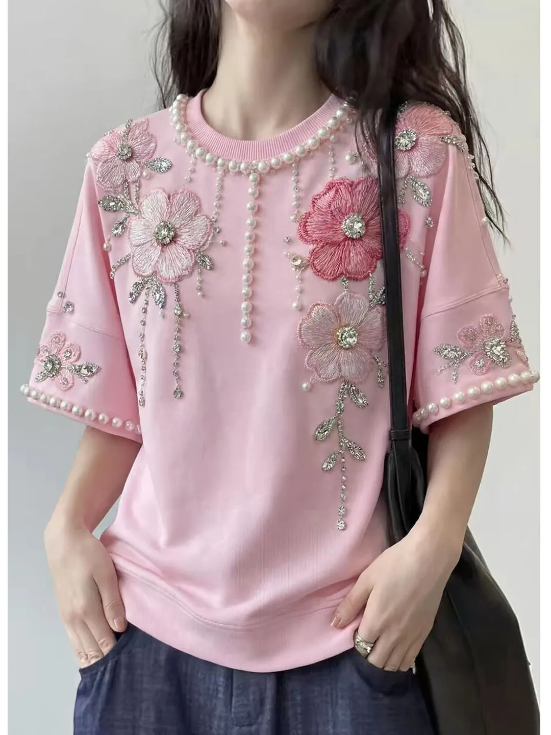 Versatile High-End T-Shirt Korean Style Commute Fashion Universal Fit Loose Creative Pattern Short Sleeve Beaded Detail