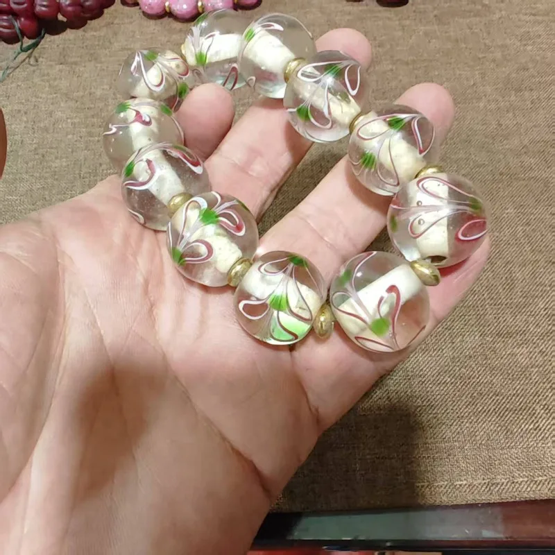 Unisex Boho Bracelet Transparent Inner Floral Lampwork Glass Beads Gold Spacers Hand‑made Ethnic Wrist Ornament