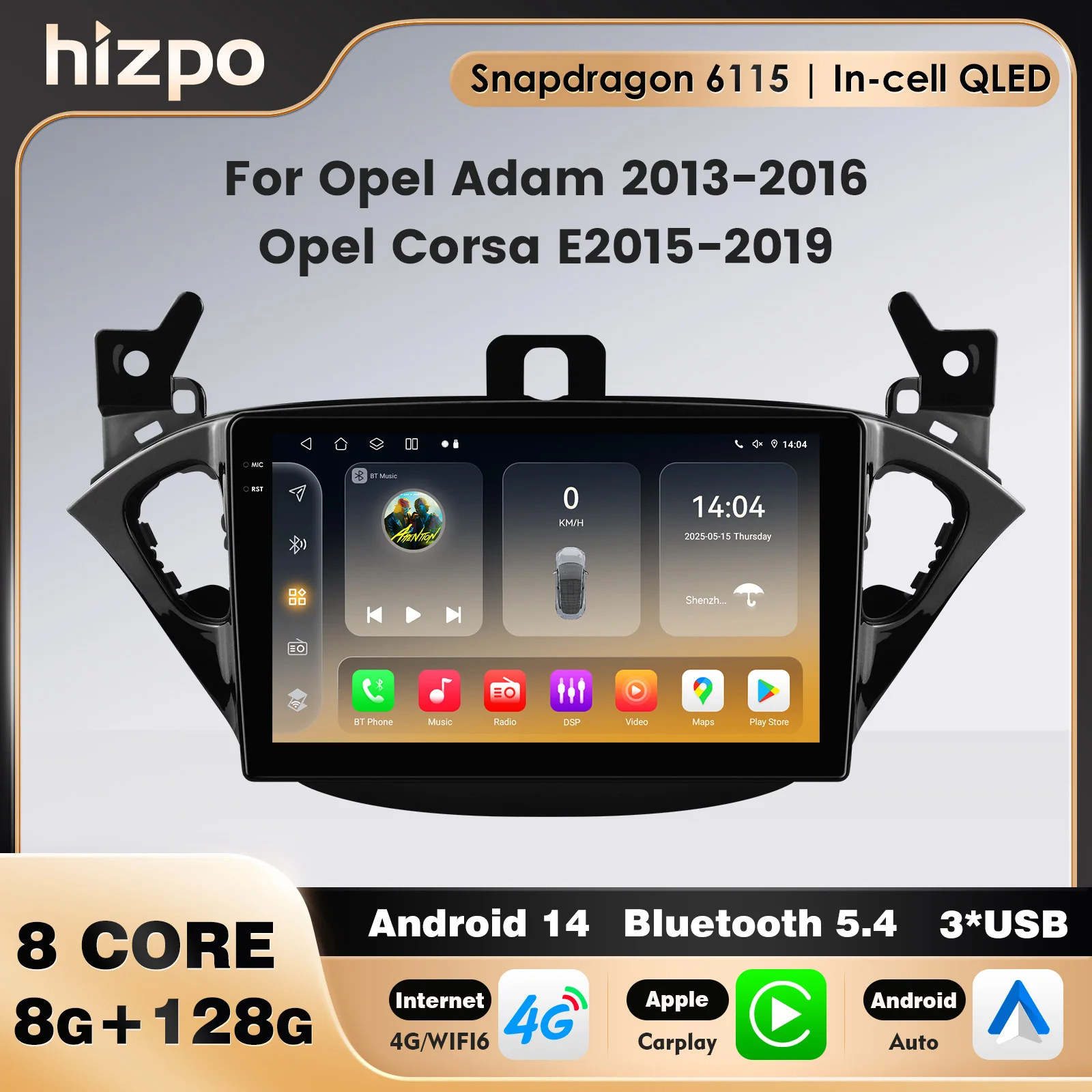 Radio para Auto HIZPO de 9 Pulgadas con Carplay para Opel Corsa E 2015-2019/ Opel Adam 2013-2016, Android Auto, Pantalla Táctil Multimedia, Estéreo 6115