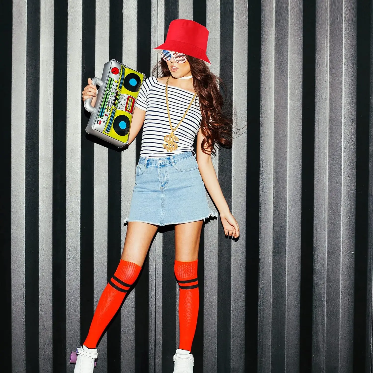 Halloween 6 Pcs 80s 90s Hip Hop Costume Outfit Kit Inflatable Radio Boombox Necklace Ring Sunglasses Hat Rapper Accessories set