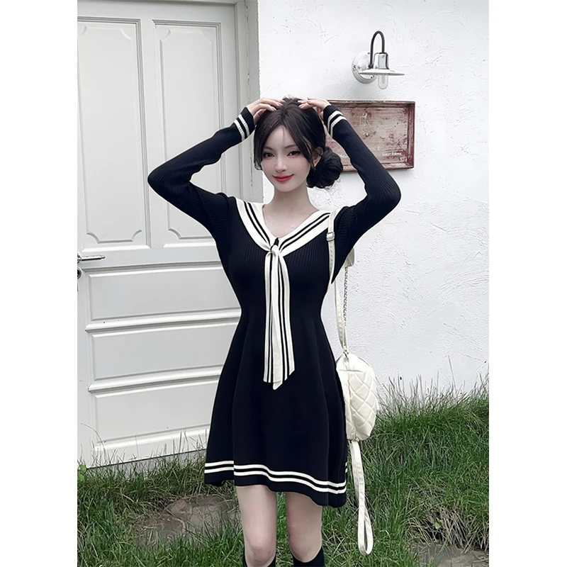 かわいい黒ニットミニドレス女性日本ロリータセーラー襟ドレス冬 Y2K ストライプ長袖ボディコン Vestidos 新しい