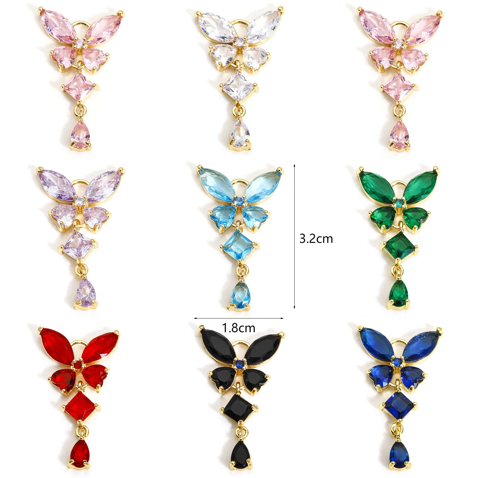 Rhinestone Glass Butterfly Charms Brass Multicolor zirconia Butterfly Tassel Pendants For Jewelry Making Diy Supplies 3.2x1.8cm