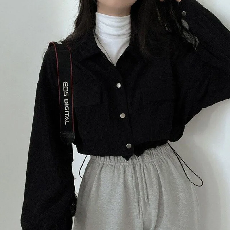 Y2K Vintage Corduroy Shirt Women Casual Korean Loose Chic Streetwear Harajuku Fashion Outwear Button Drawstring Coat