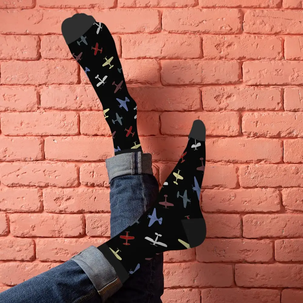 Retro War Planes Pattern Funny Socks Military Old Aeroplane Abstract Fighter Novelty Casual Crew Socks Contrast Color Design