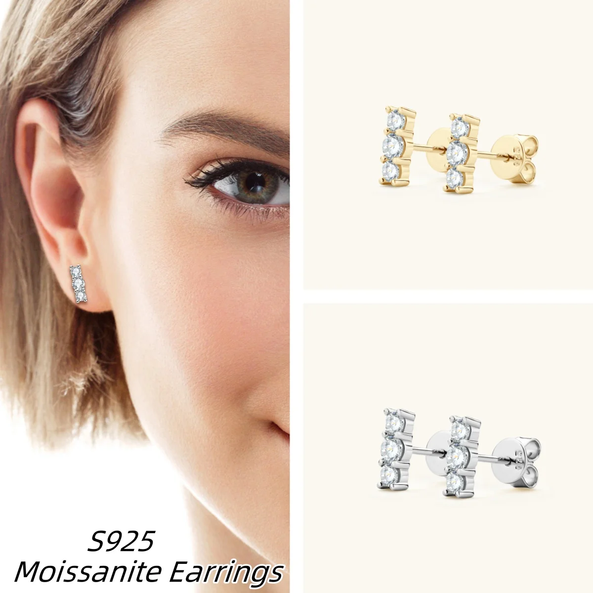 

Three Moissanite Earrings S925 Sterling Silver Passed Diamond Test Earrings for Women Fine Birthday Gift