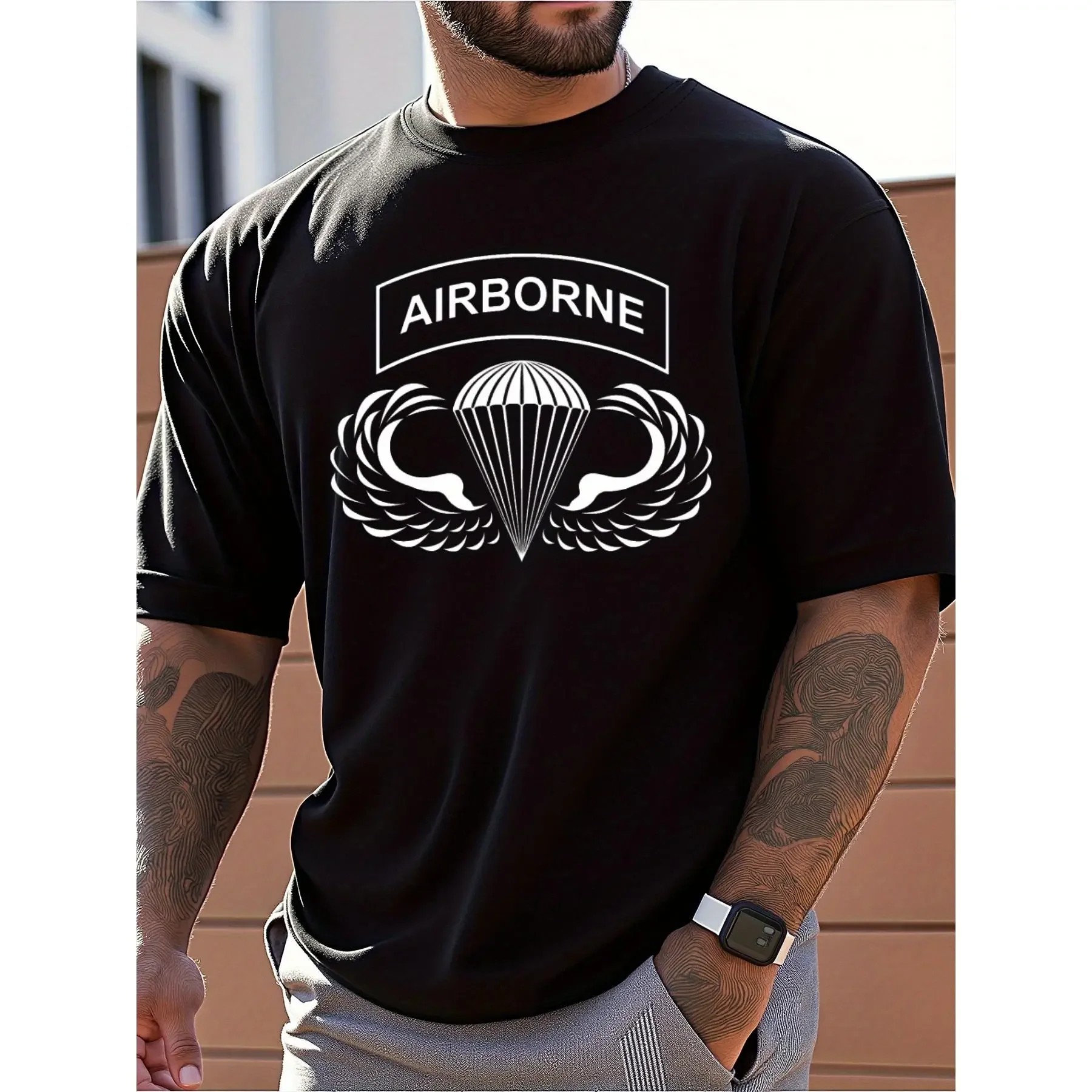 Mens Clothes, T Shirts for Men, Casual Style Design with Print, 100% Pure Cotton Fabric, Shirts for Men, Airborne Parachute Pattern Printed Short Sleeve T-Shirt, Military Style, Crew Neck, Loose Fit, Suitable for Daily and Outdoor Wear in Summer