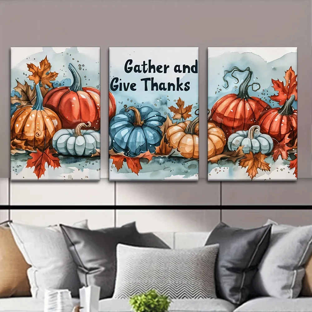 (No frame)3pcs/set, Canvas Painting--Unframed, Pumpkin and Leaves, Artist Drawing Set, Living Room, Library, Office, Cafe, Ba