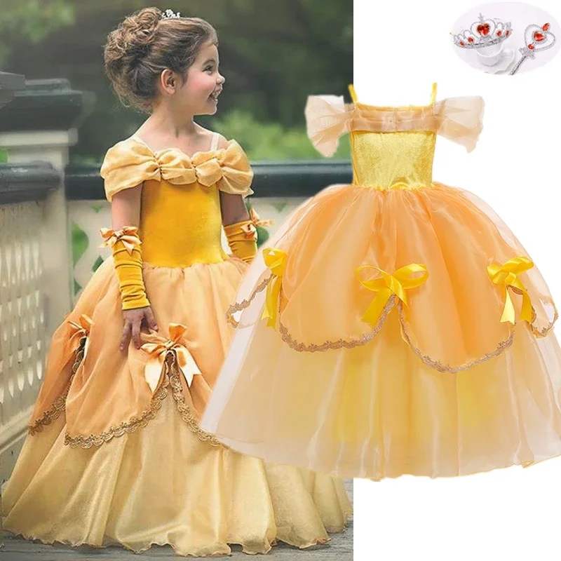 Belle Princess Dress Up Sleeveless Bow Children Party Princess Costume Kids Beauty and The Beast 2024 Carnival Clothes Outfits